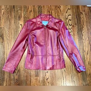 Red leather jacket women’s medium crimson burgundy Zips up Nine West pockets